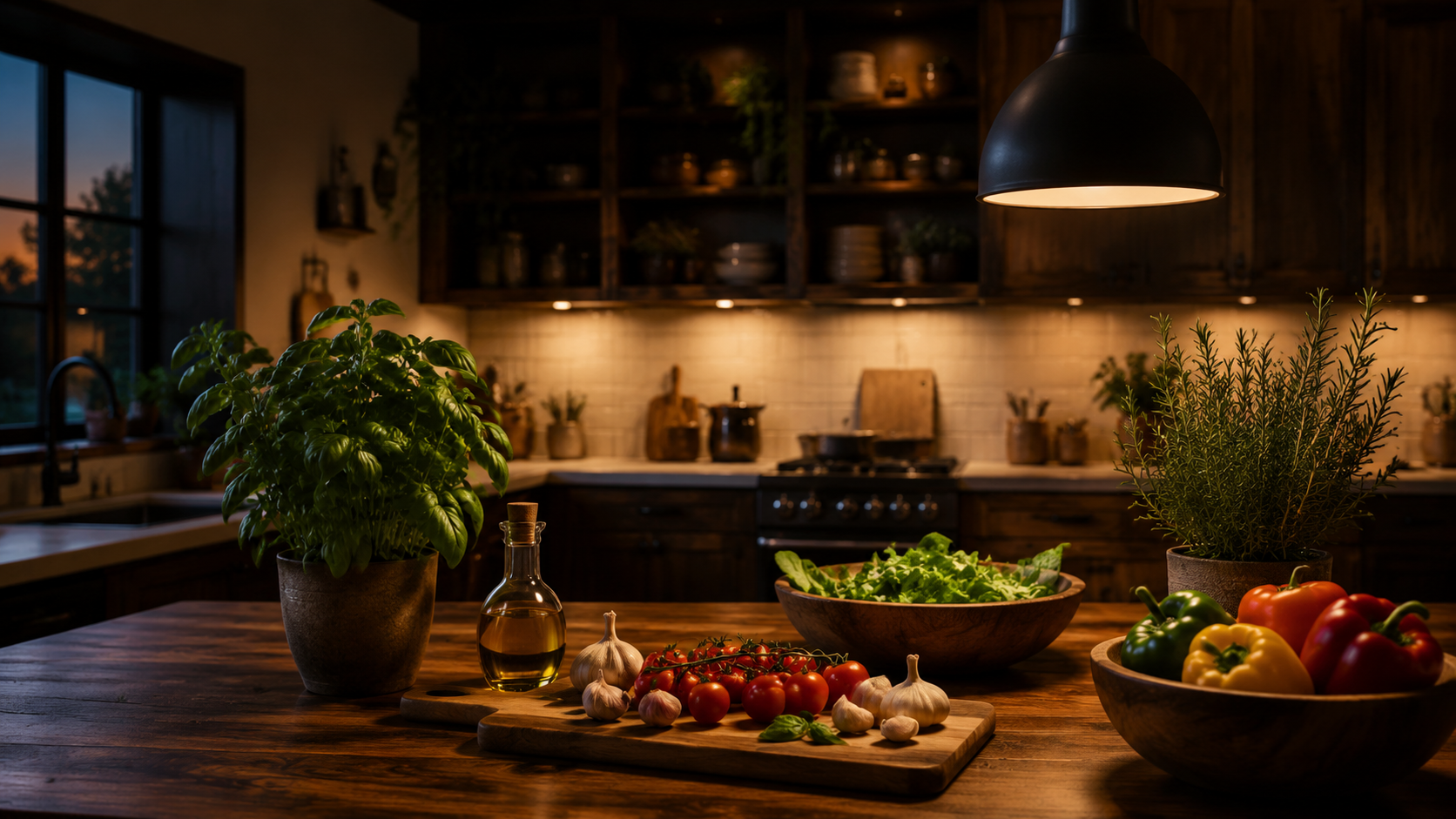 Fresh herbs and vegetables arranged in a warmly lit home kitchen
